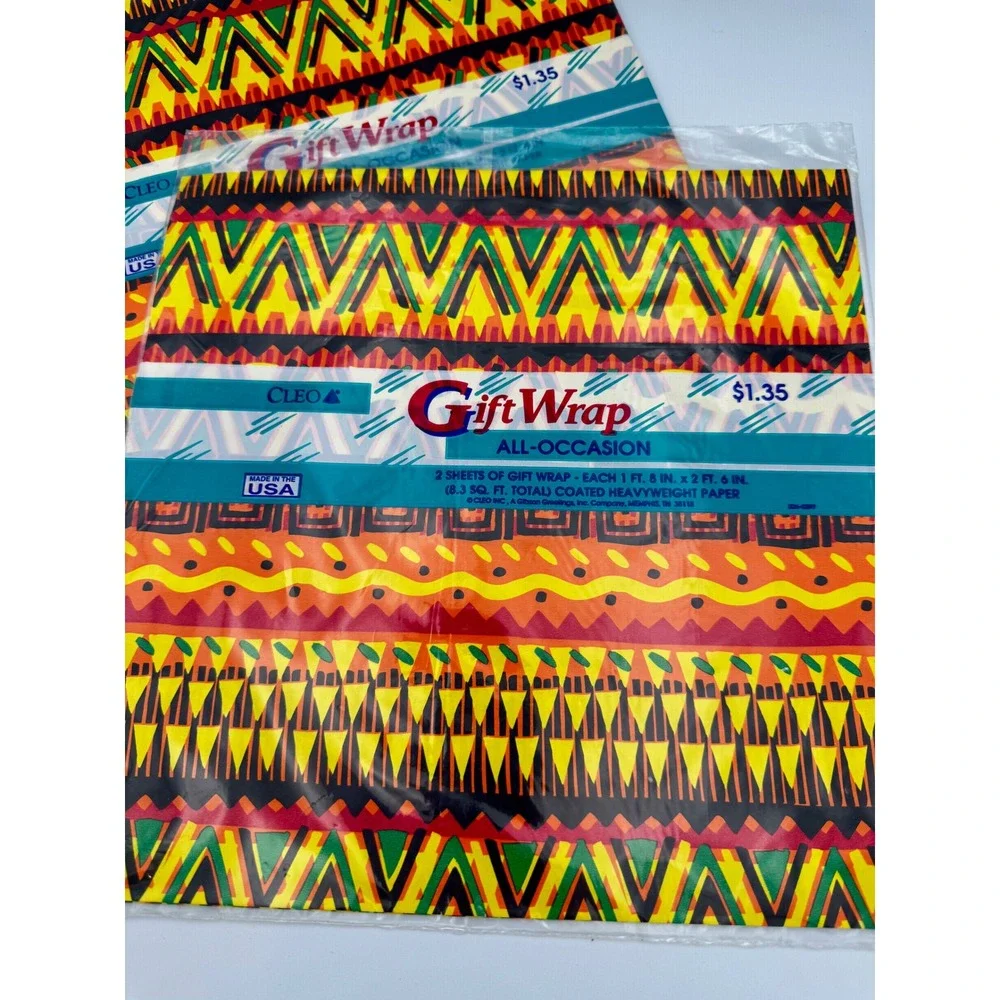 Vintage Cleo Gift Wrap Lot 2 Sealed Packs Tribal Geometric All Occasion Made USA